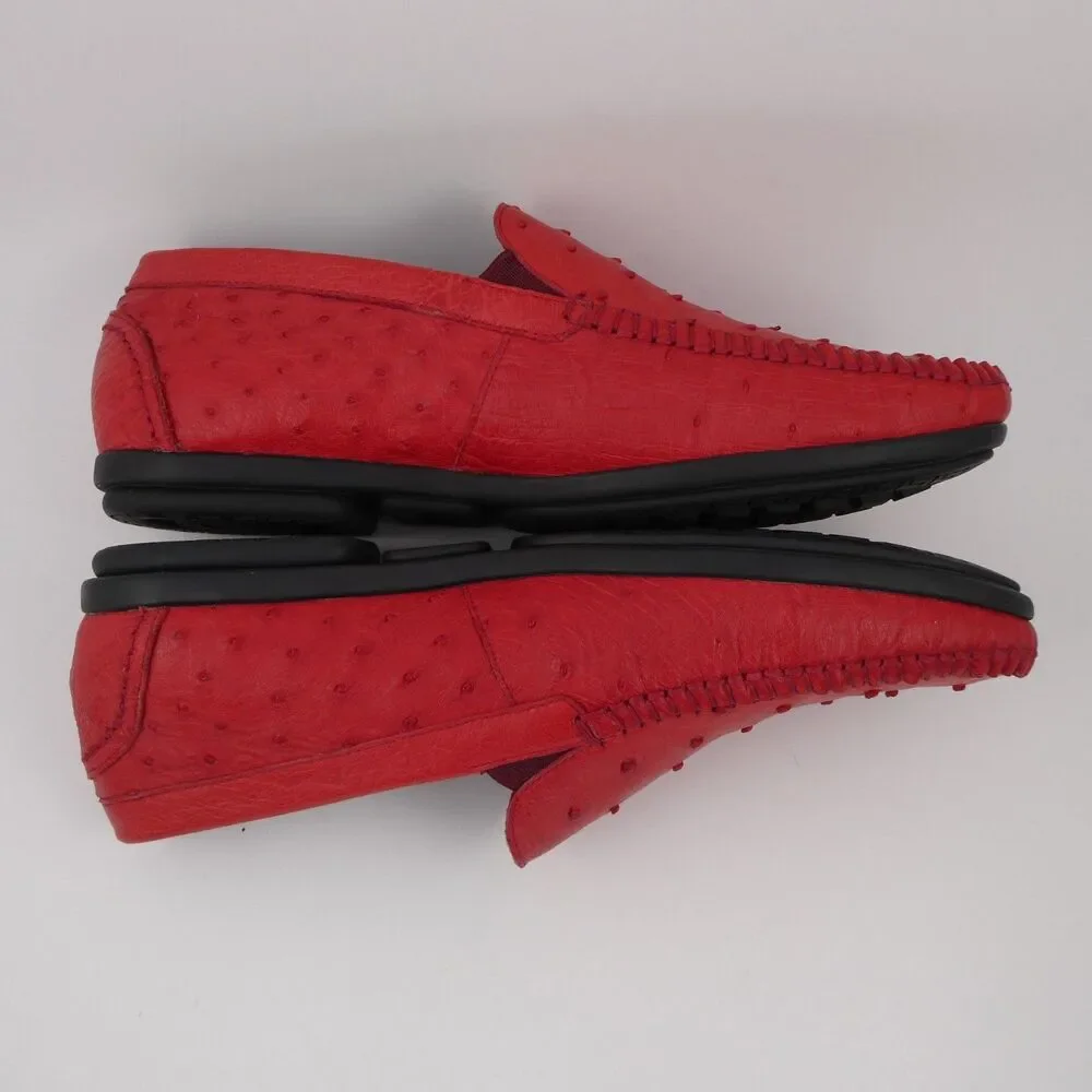 Men’s Red Genuine Ostrich Leather Driving Loafers Moccasins 250 mm / US 7 / EU40